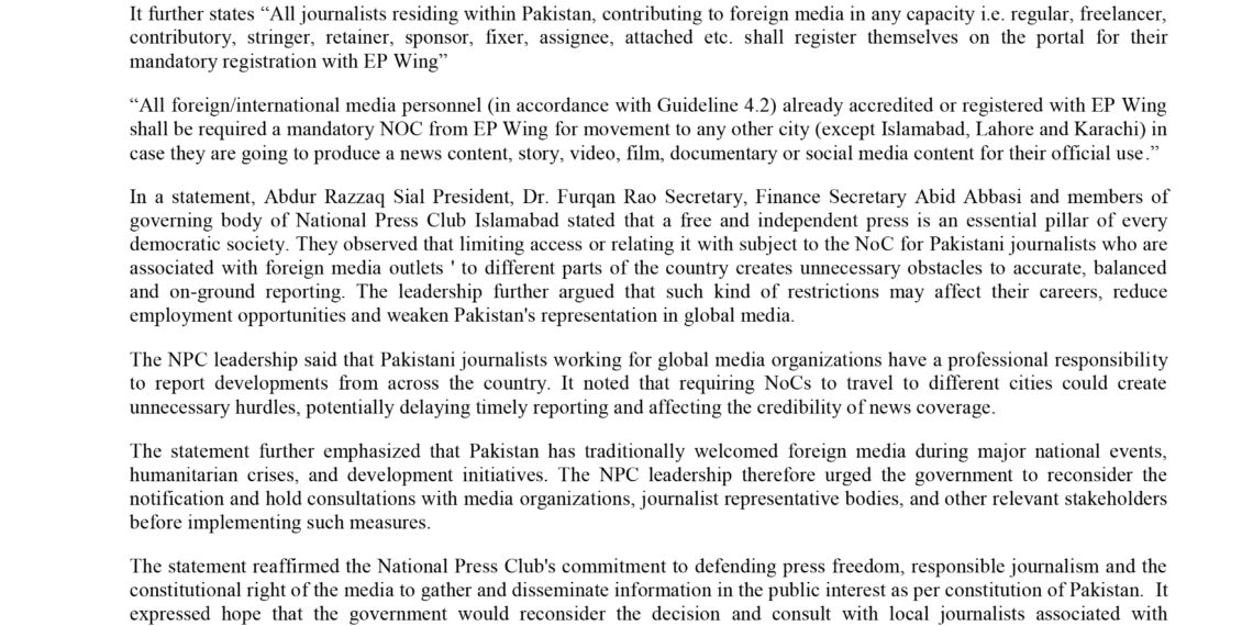 NPC urges Govt to reconsider NoC constraints on local journalists working for International Media